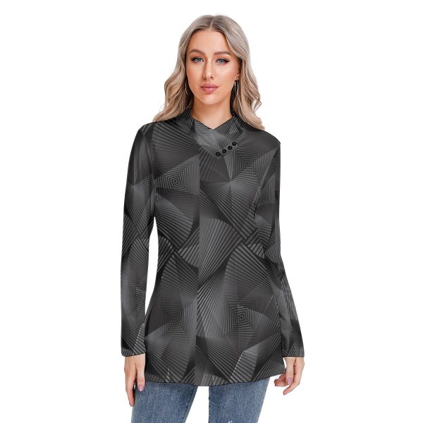 All-Over Print Women's Long-sleeved Heap-neck Slim Casual Tunic Blouse